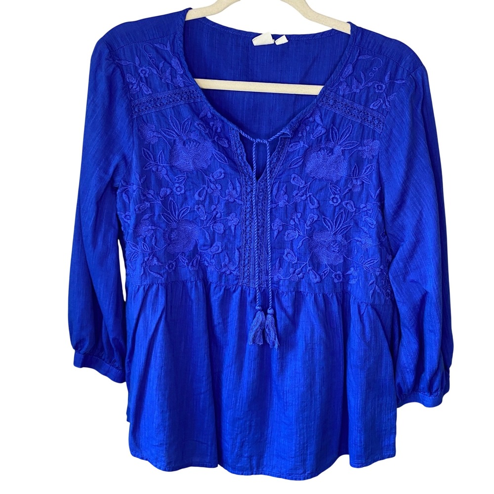 Gap Womens Royal Blue Embroidered Boho Tassel Peplum‎ Blouse Top Size M